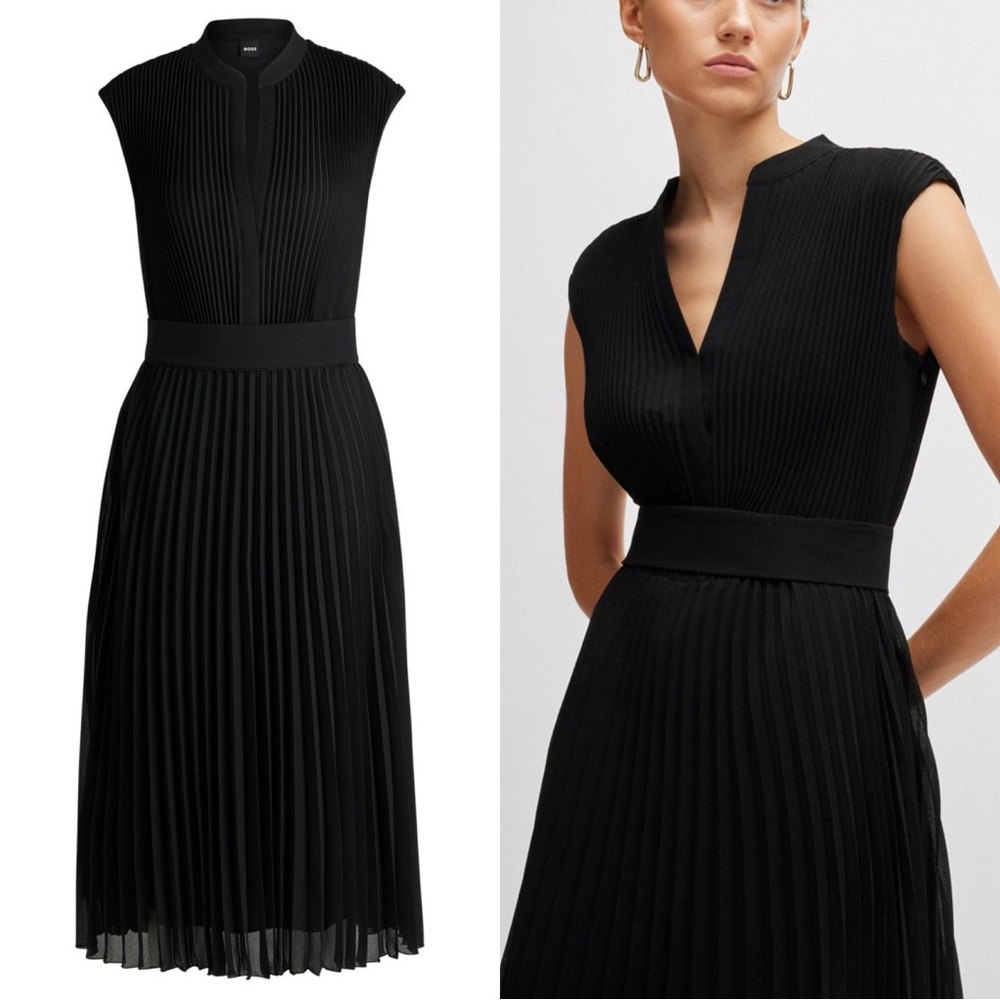BOSS Midi A-line‎ Pleated Dress Black Sz 8 Mock Neck Sleeveless Elegant Classic